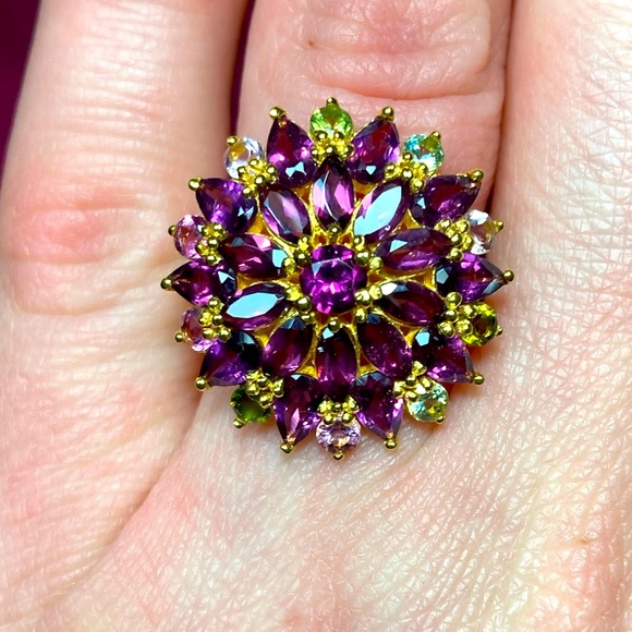 Jewelry - Marquise Rhodolite Garnet & Tourmaline Cluster Ring Sz 7.75 925 Silver 14k Gold